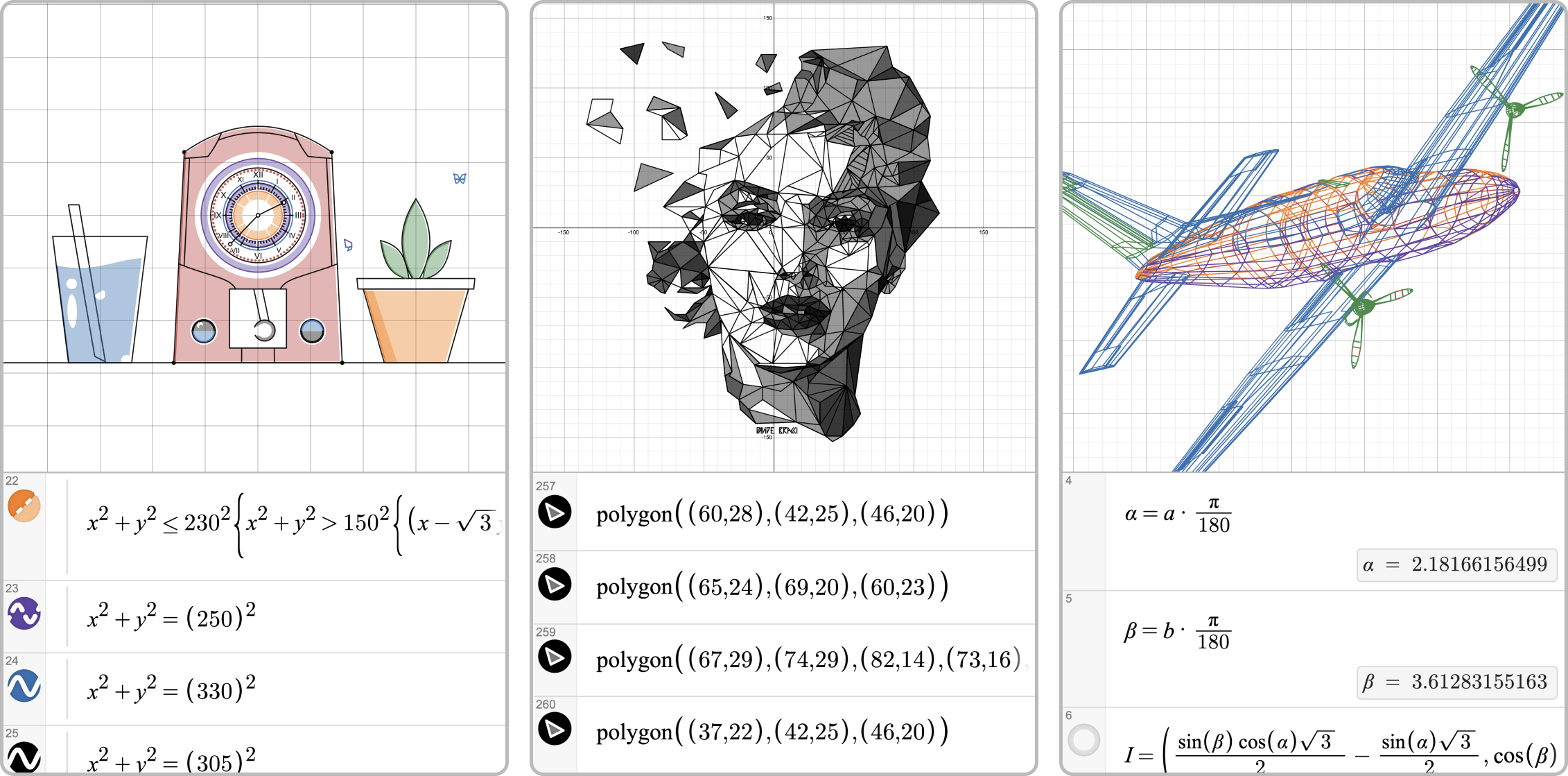 Three artistic graphs- a little clock with a bubbly drink and a little plant, a portrait of Marilyn Monroe made entirely of polygons, and a 3-D rendering of an airplane, together with a peek at some of the equations that generated them.