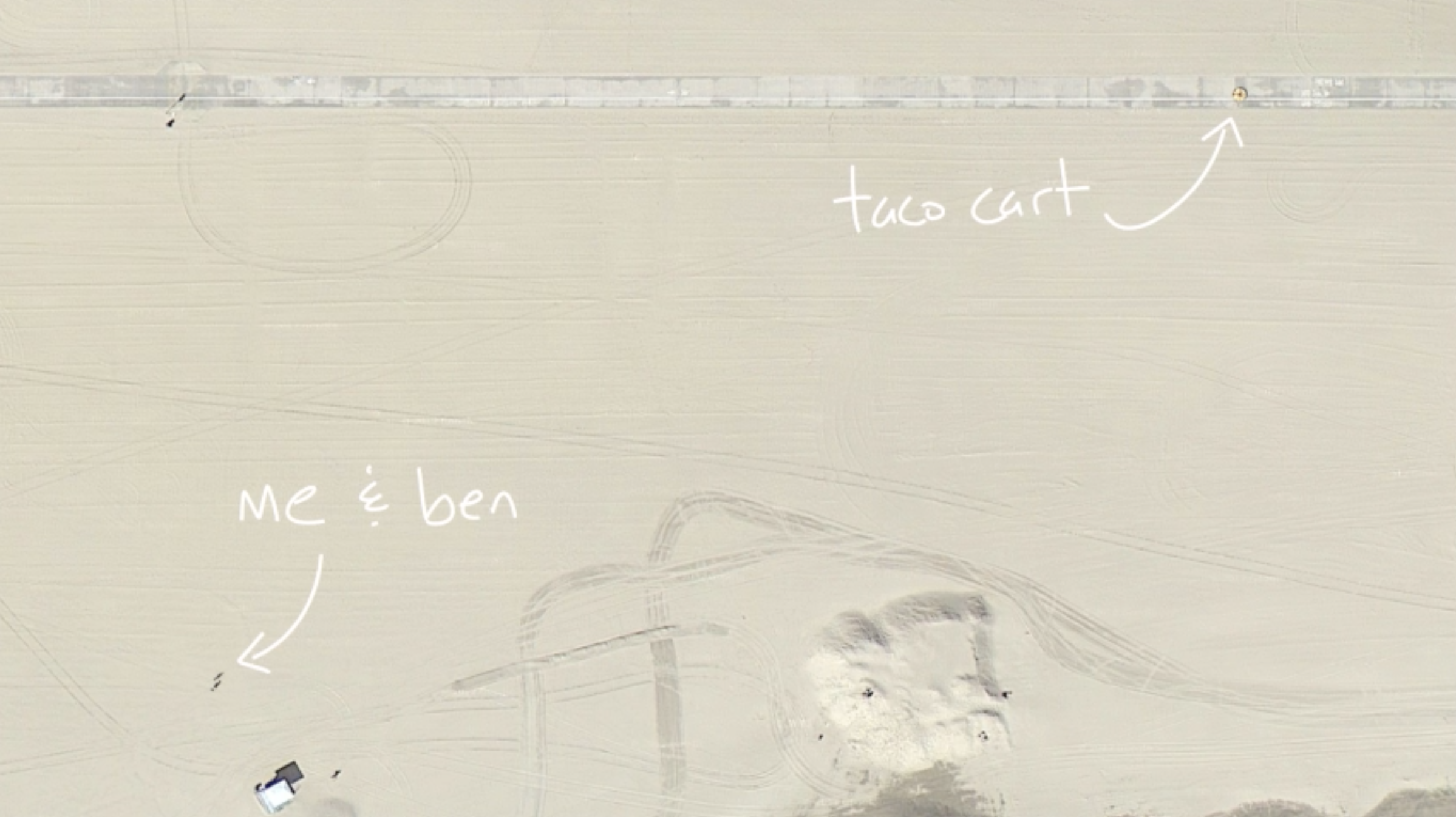Screenshot of introductory image from the Taco Cart task. An overhead photo of a beach with the Taco Cart located on a boardwalk, and Dan and Ben on the beach near the water