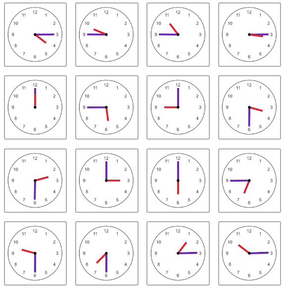 Image shows an array of 16 analog clocks, each telling a different time that is either on the hour, or 15, 30, or 45 minutes after the hour. The hour hands are all red; the minute hands are all purple.
