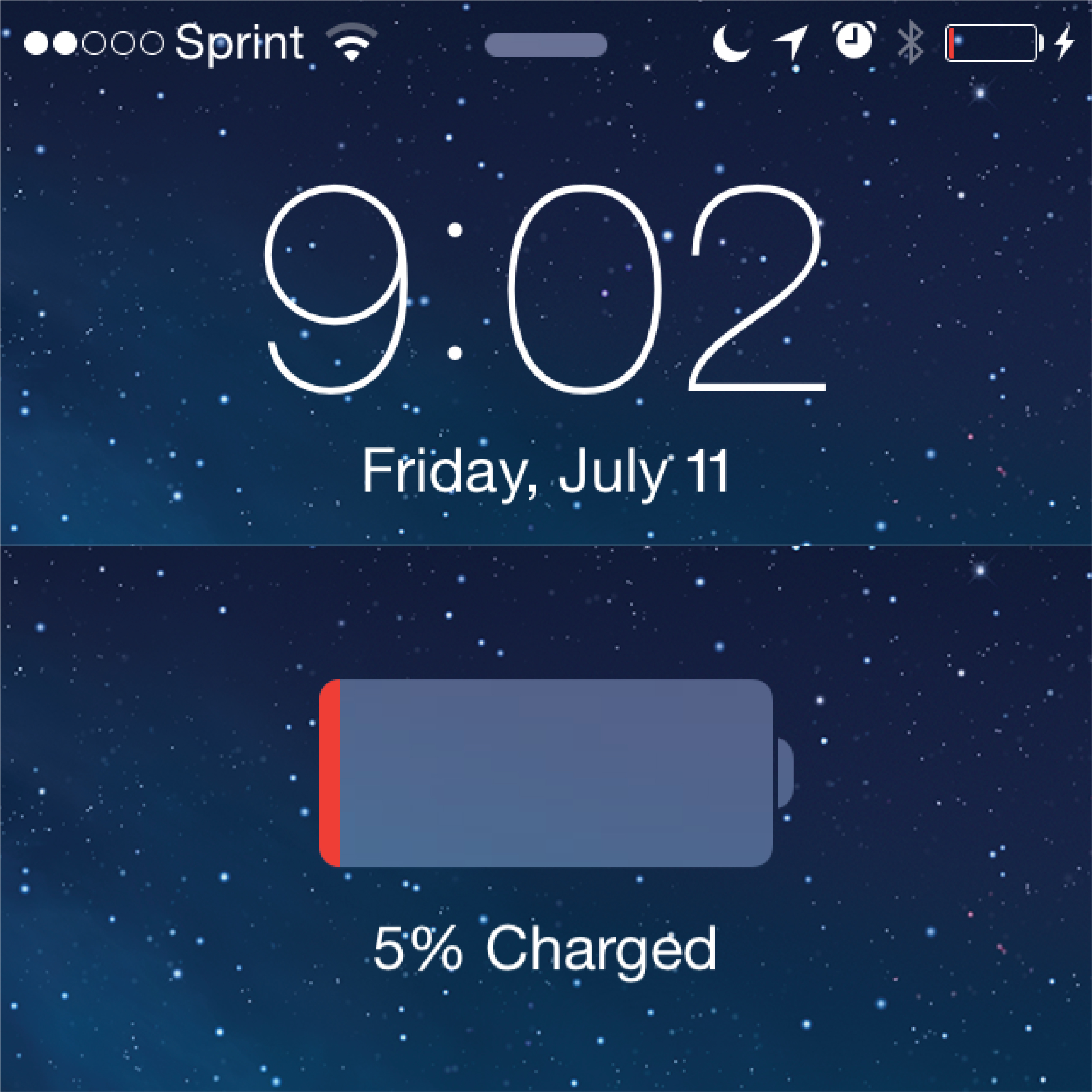 Screenshot of an iPhone showing 9:02, Friday, July 11. A night sky in the background image. The phone shows as plugged in and currently at 5% power.