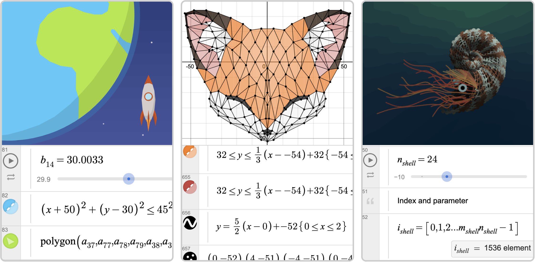a rocket ship orbiting the earth, the head of a fox made up of line segments, and a nautilus using lists.