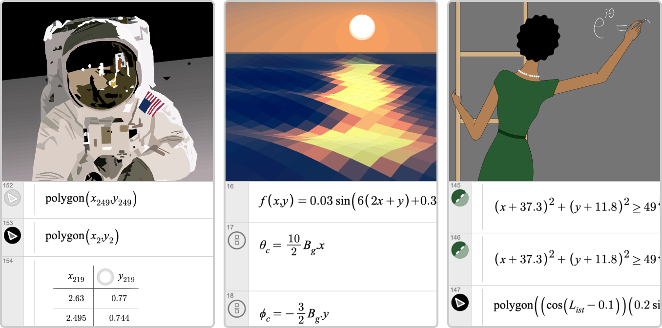 an astronaut on the lunar surface, a stylized sunset over the water, and a woman writing Euler's identity on a blacboard