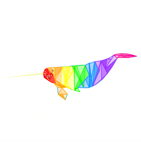 A narwhal composed of rainbow-colored polygons