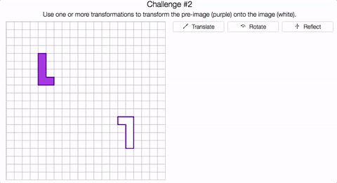 Animation of a solution to a Transformation Golf challenge, which involves specifying a rotation by its center and angle, and specifying two translations by distance and direction, in order to match an L-shaped hexagon with another L-shaped hexagon.