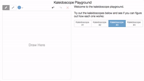 Animation of an activity screen on which you draw in a Kaleidoscope Playground and are asked to figure out how each of four different kaleidoscopes work, e.g. by translation, rotation, reflection, or dilation