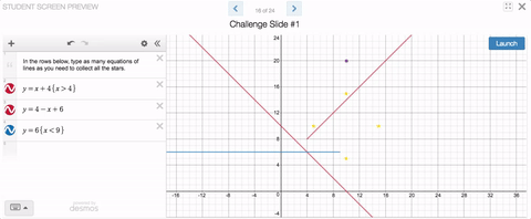 An animation shows marbles being launched on a graph; they drop, roll along several graphed lines, through stars that serve as targets, and then down off the bottom of the screen