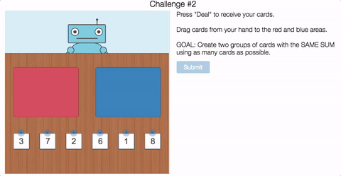 An animation shows playing cards being dragged onto two different mats on a table, with the goal of getting the sum of the cards to be the same on both mats. 7 and 6 go on one mat; 8, 2, and 3 go on the other. The robot scans the cards and throws up its arms to celebrate the student's success.