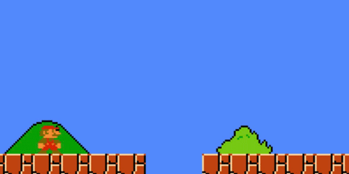 Animation of Mario jumping. You see him take to the air, miss the far side of the canyon, and fall down into it.