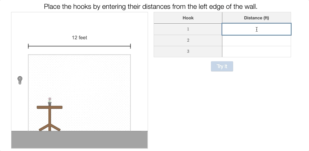 Animation of a student screen with a table input for locations for hanging pictures on a wall. The student's first attempt hangs one of the pictures beyond the edge of the room, so it falls to the floor. The student revises and the pictures hang successfully in the room.