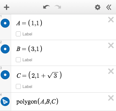 Expression list in the graphing calculator showing A=(1,1), B=(3,1) , C=(2,sqrt(3)), and polygon(A,B,C)